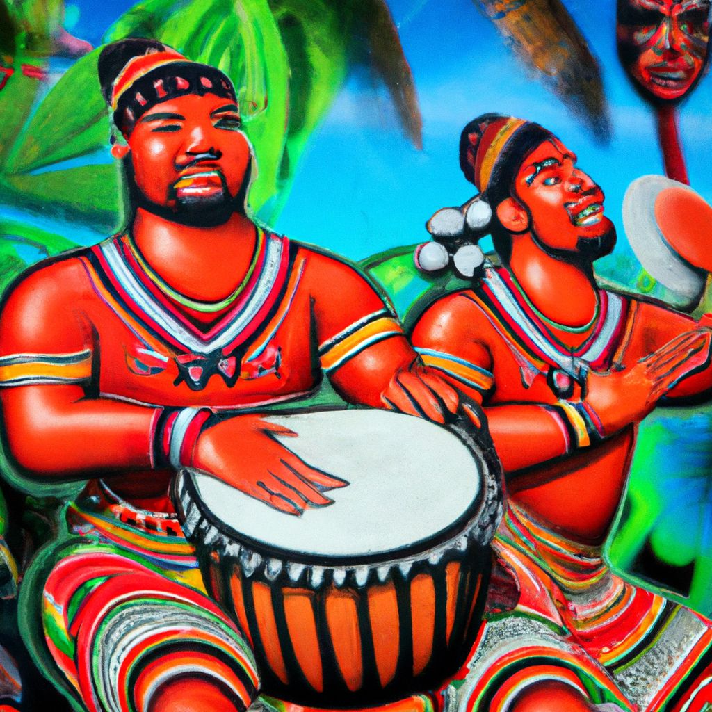 A painting of Pacific Islander men playing drums in Tauranga, showcasing their cultural influence and significance.