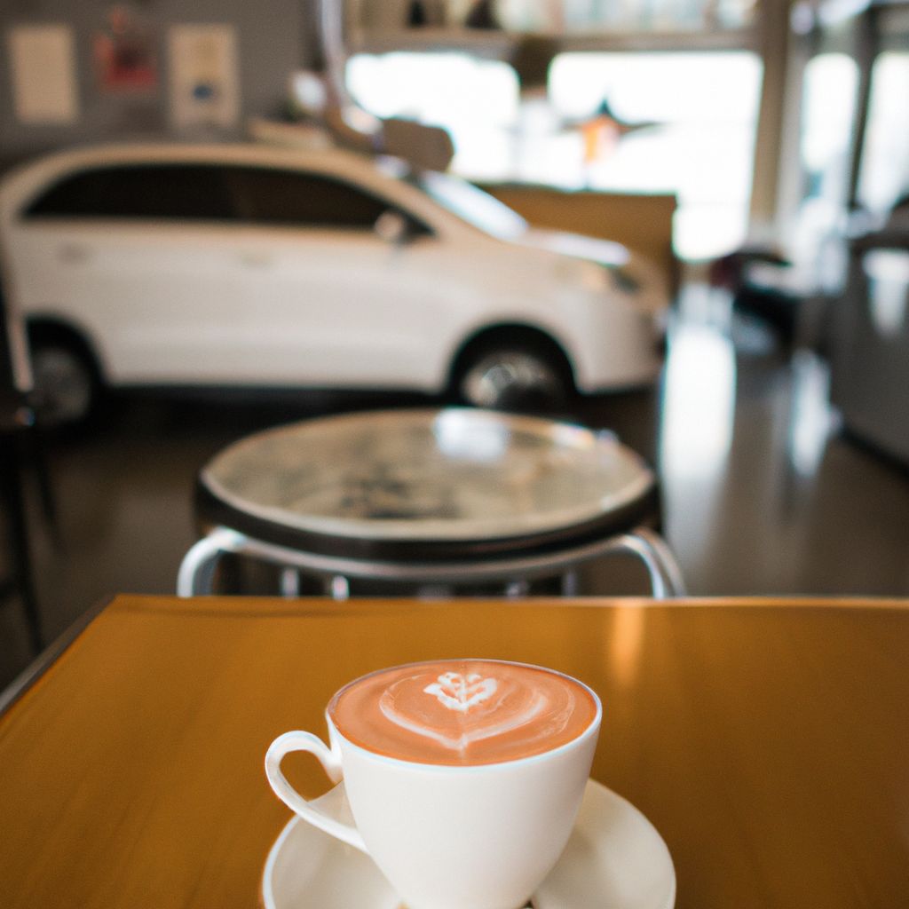 A cup of coffee on a table at one of Tauranga's best cafes, with a car in the background.