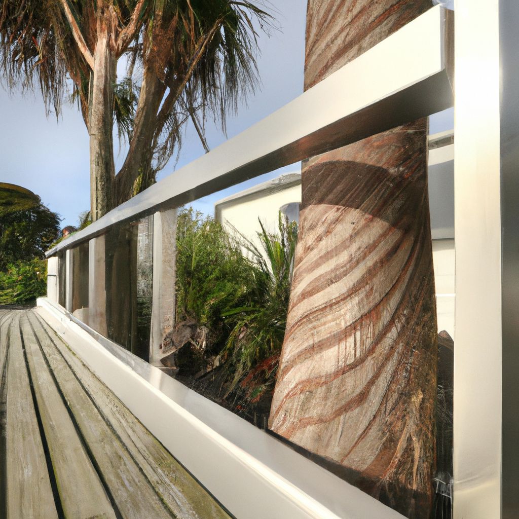 A wooden railing showcasing a palm tree.