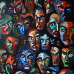 A painting featuring various colored faces.