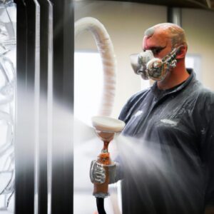 A masked man using a hose for sandblasting services in Tauranga.