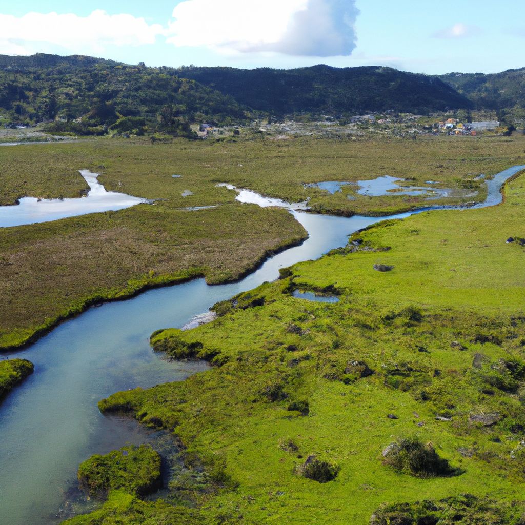 A river in a grassy field showcases wetlands conservation in Tauranga.